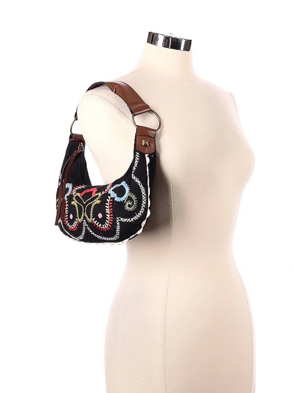 Black shoulder bag with colorful embroidery